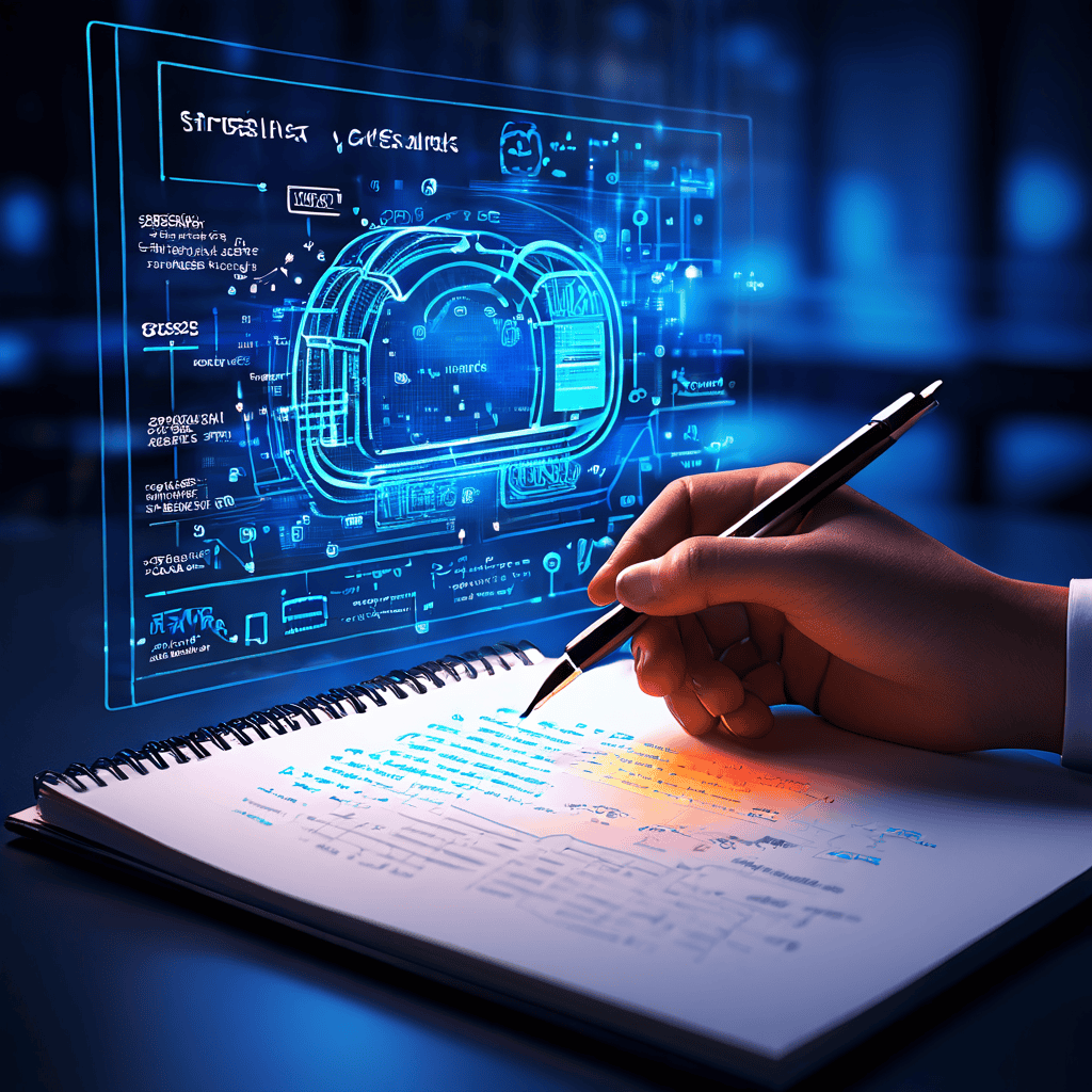 회의의 핵심 내용이 지능적인 자동화 기술로 전략적 다이어그램과 체계적인 메모로 변환되는 과정을 상징적으로 표현한 개념 이미지입니다.